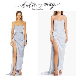 Katie May Bita Strapless Satin Gown in Blue High Slit sz S 375$